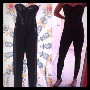 Black Strapless Sweetheart Bebe Jumpsuit with Lace